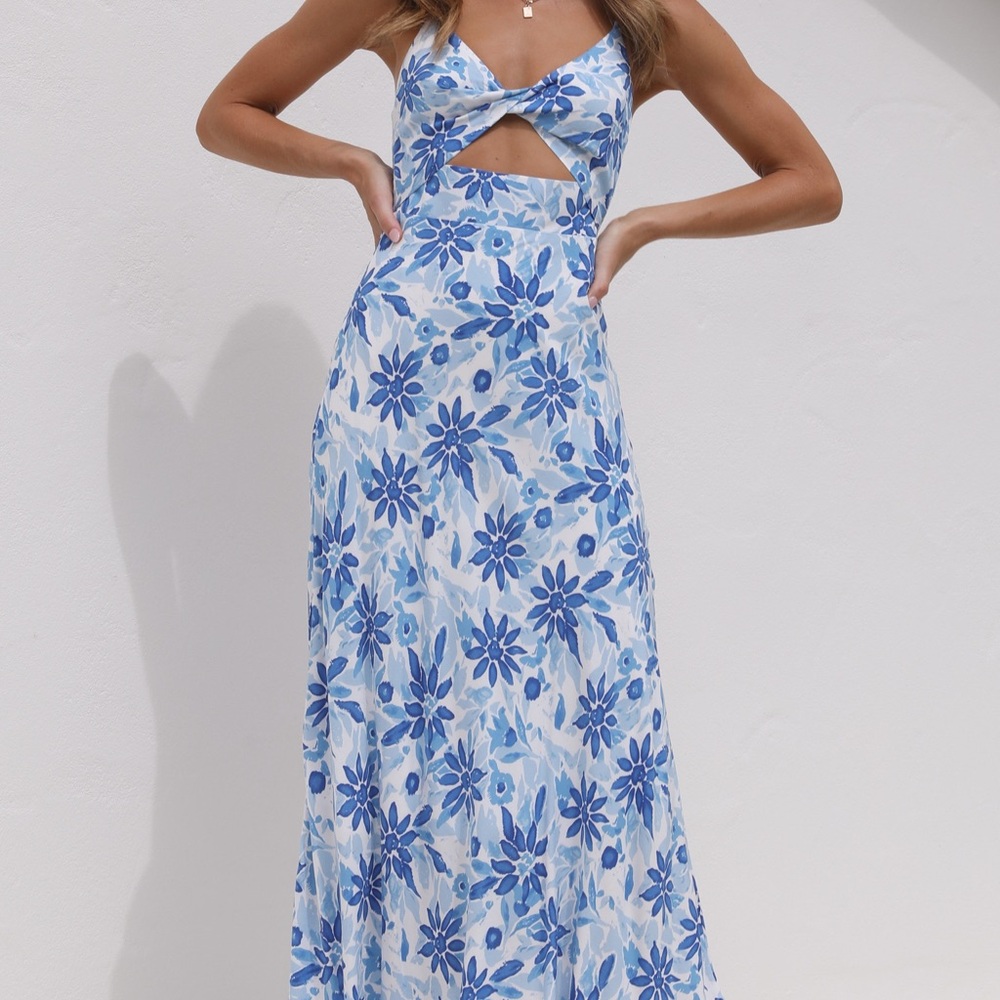 Petal & Pup White Midi Dress with Blue Floral Print